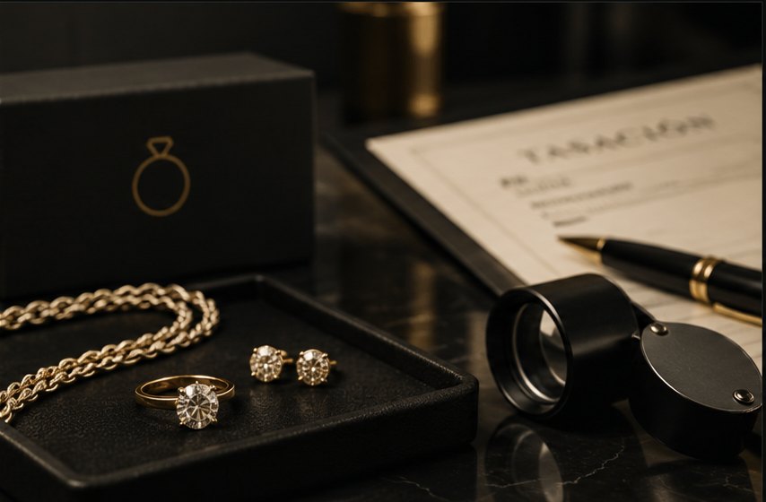 Anillo, pendientes y cadena de oro junto a una lupa de joyero sobre la hoja de tasación