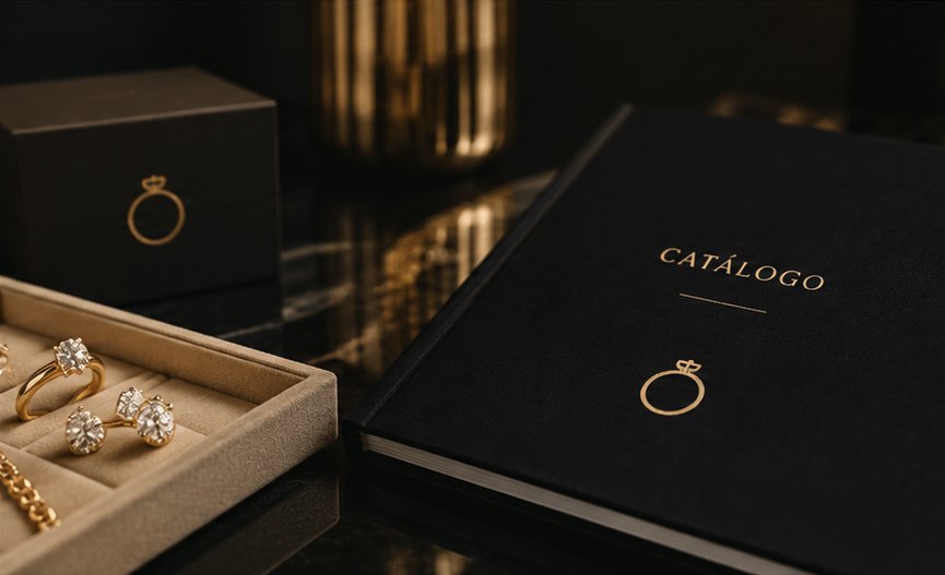 Catálogo de la joyería junto a un estuche con anillos y pendientes de oro y diamantes