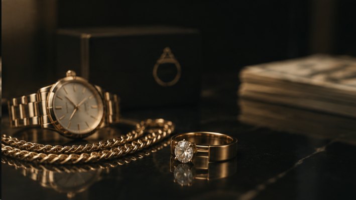 Reloj, cadena y anillo de oro sobre superficie oscura