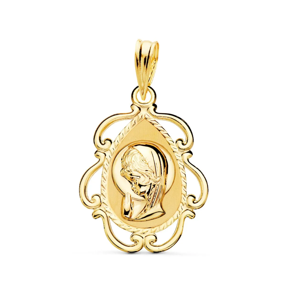 18K MEDALLA ORO AMARILLO VIRGEN NIÑA CERCO CALADO EN BRILLO . 22 X 16 MM
