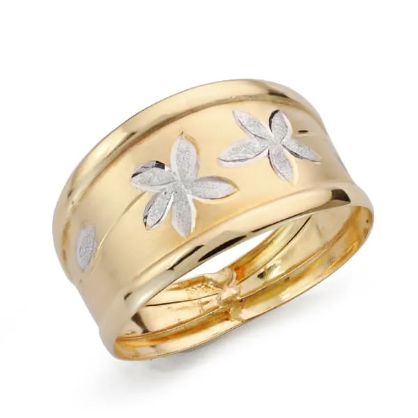 18K SORTIJA ORO BICOLOR MATIZADA CON FLORES DIAMANTADAS. ANCHO: 13,5MM