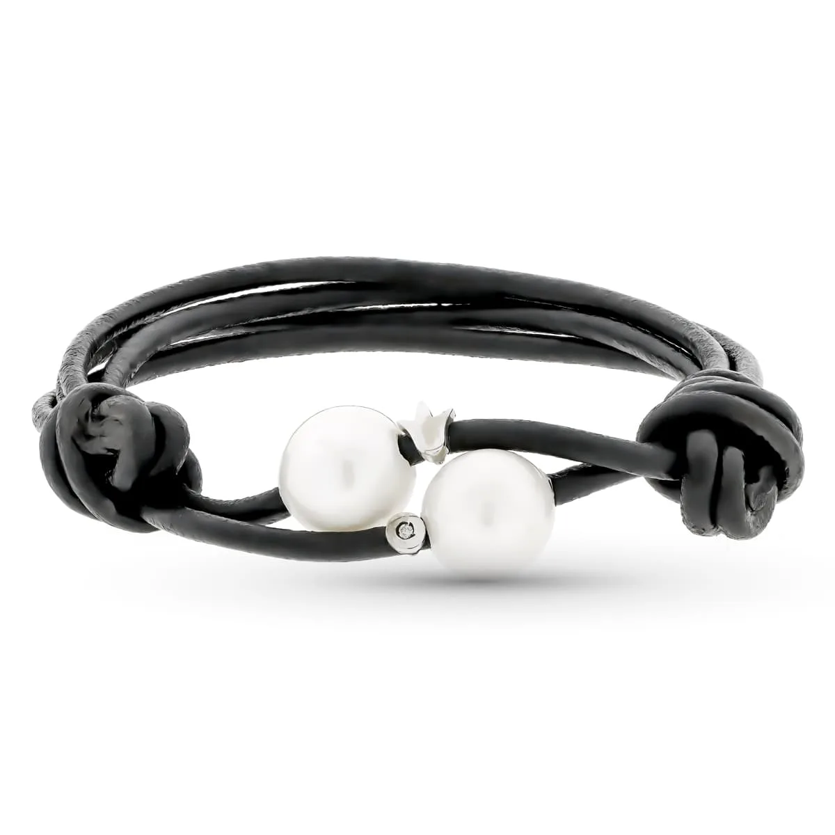 18K PULSERA CUERO PERLA Y DIAMANTE TALLA BRILLANTE