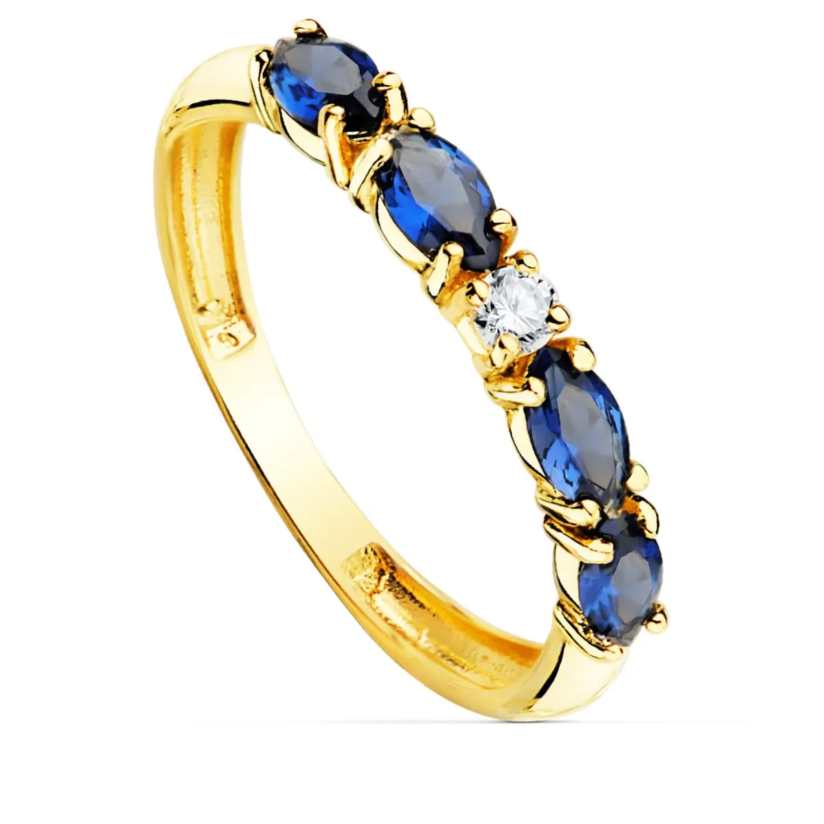 18K SORTIJA ORO AMARILLO 4 CIRCONITA AZULES TALLA MARQUISE ANCHO 2.5 MM