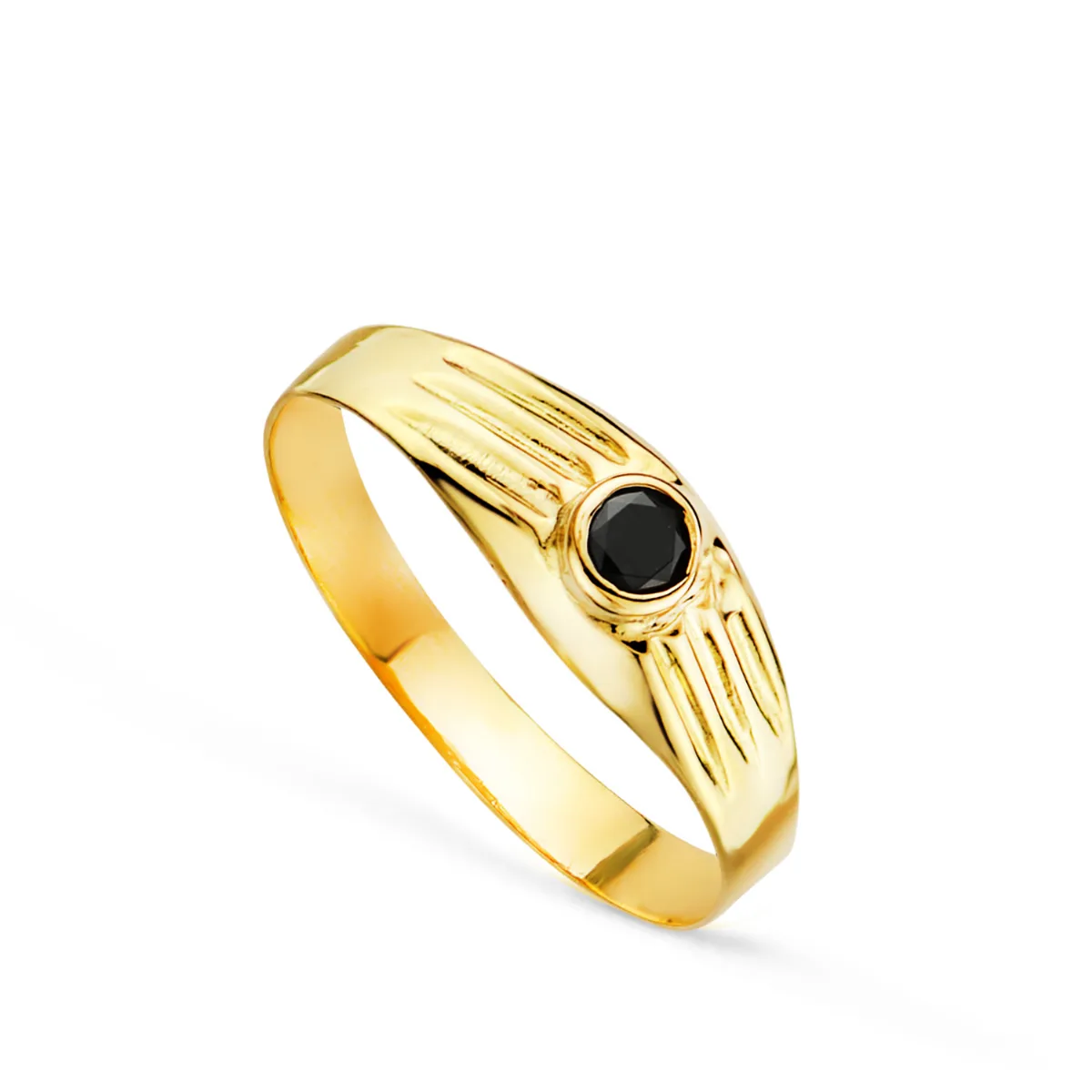 18K SOLITARIO ORO AMARILLO HUECO DE BEBE O MEÑIQUE CIRCONITA NEGRA 3MM LATERAL GALLONEADO