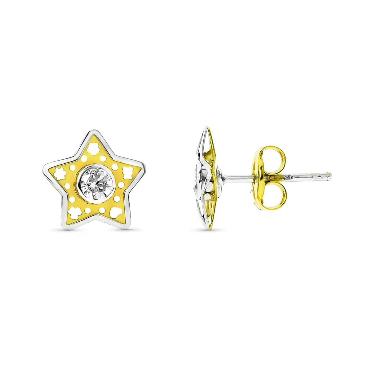 18K PENDIENTES ORO BICOLOR COMUNION ESTRELLA CIERRE PRESION