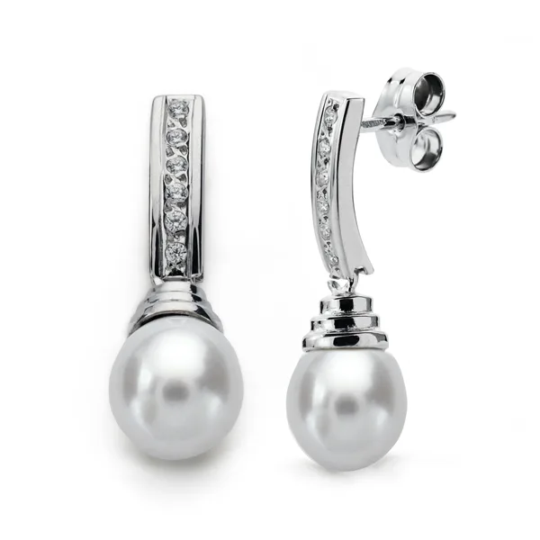 9K PENDIENTES ORO BLANCO PERLA 24X7 MM CIERRE PRESION