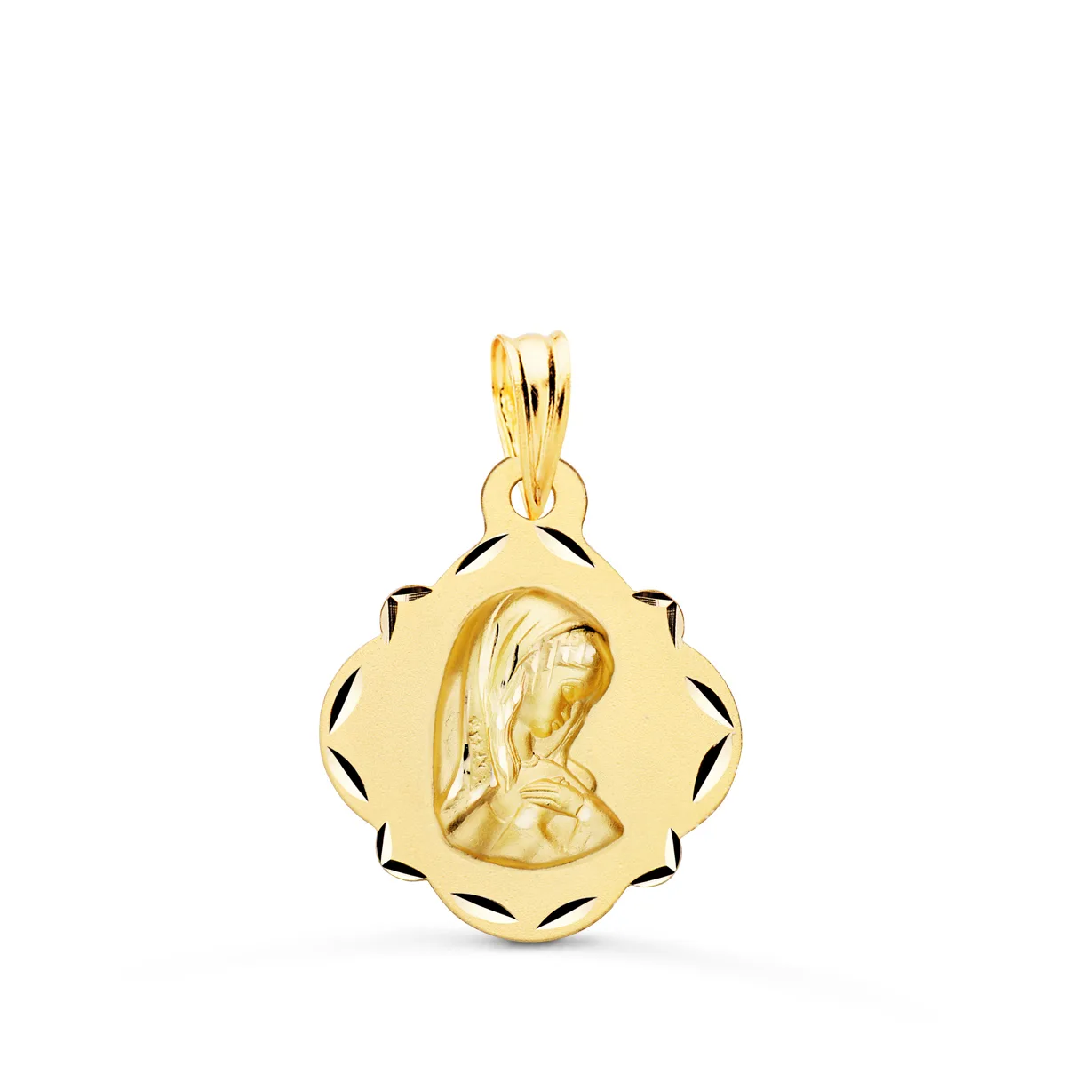 18K MEDALLA ORO AMARILLO VIRGEN NIÑA PERFIL PANDERETA TALLADA 19X16 MM