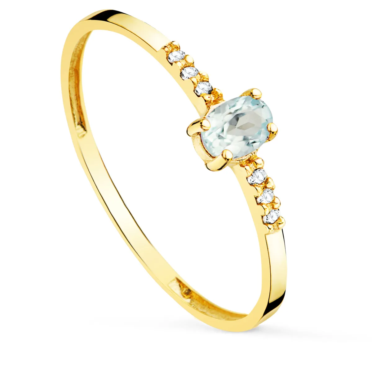 18K SORTIJA DIAMANTE ORO AMARILLO 0.030 QT  OVAL AGUAMARINA NATURAL 4 X 3 MM CUERPO 1.30 MM