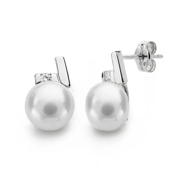 18K PENDIENTES ORO BLANCO PERLA CIRCONITA 12X8 MM CIERRE PRESION