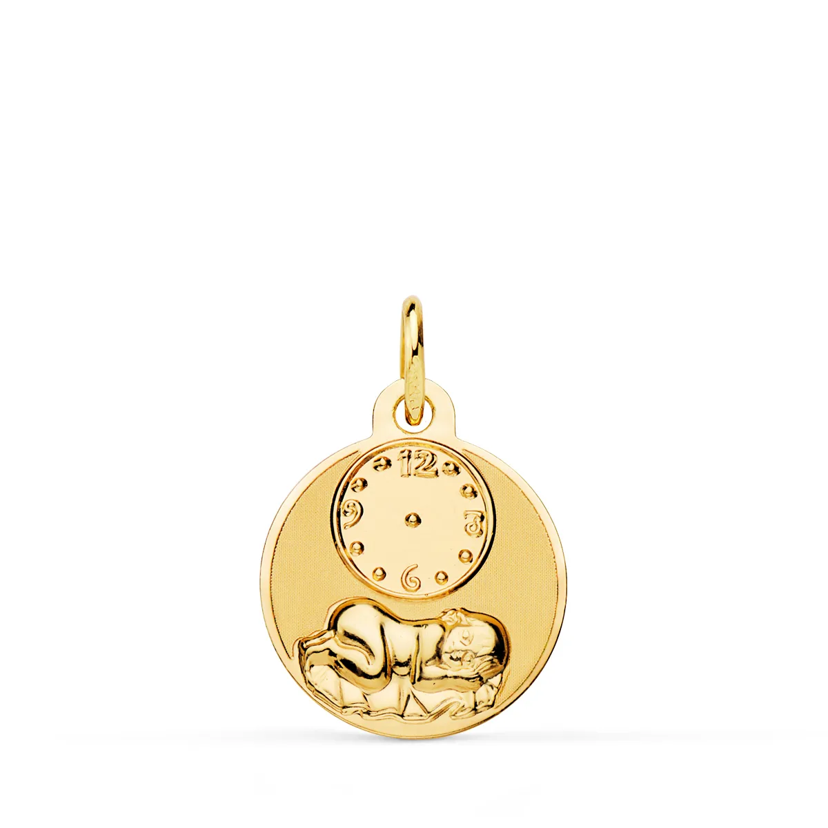 18K MEDALLA ORO AMARILLO REDONDA NIÑO DE LA HORA CON RELOJ BRILLO Y MATE 15 MM