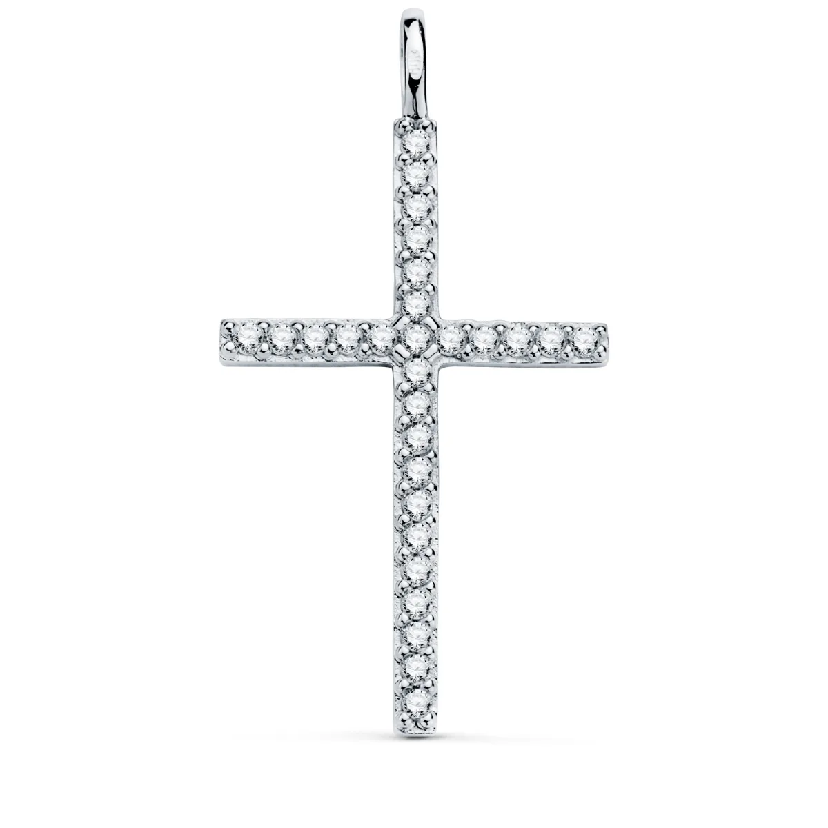 18K CRUZ ORO BLANCO CON CIRCONITA BLANCAS. 36 X 19 MM. ANILLA FIJA