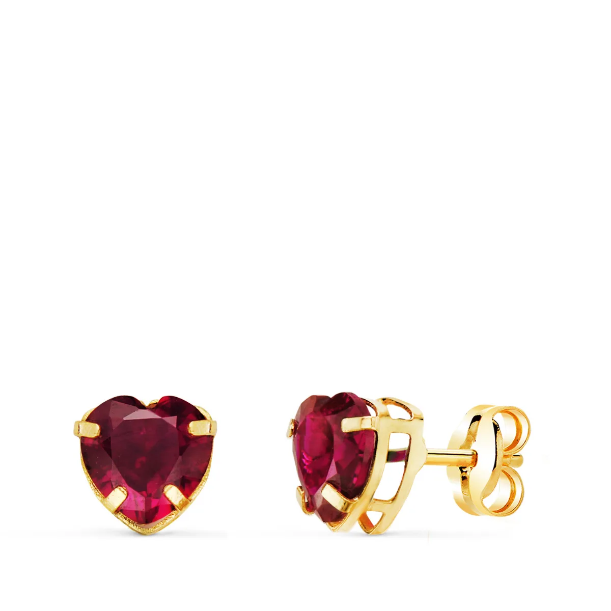 18K PENDIENTES ORO AMARILLO CORAZON PIEDRA COLOR ROJA 6 X 6 MM. CIERRE PRESION