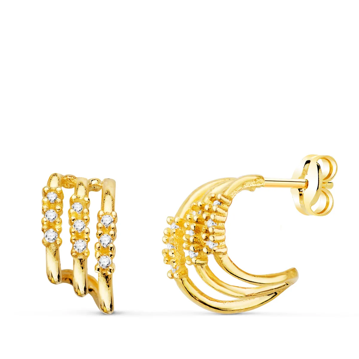 18K PENDIENTES ORO AMARILLO TRES BANDAS CON DIAMANTES LABORATORIO 0,090 QTS VS2-G. 11X6 MM CIERRE PRESION