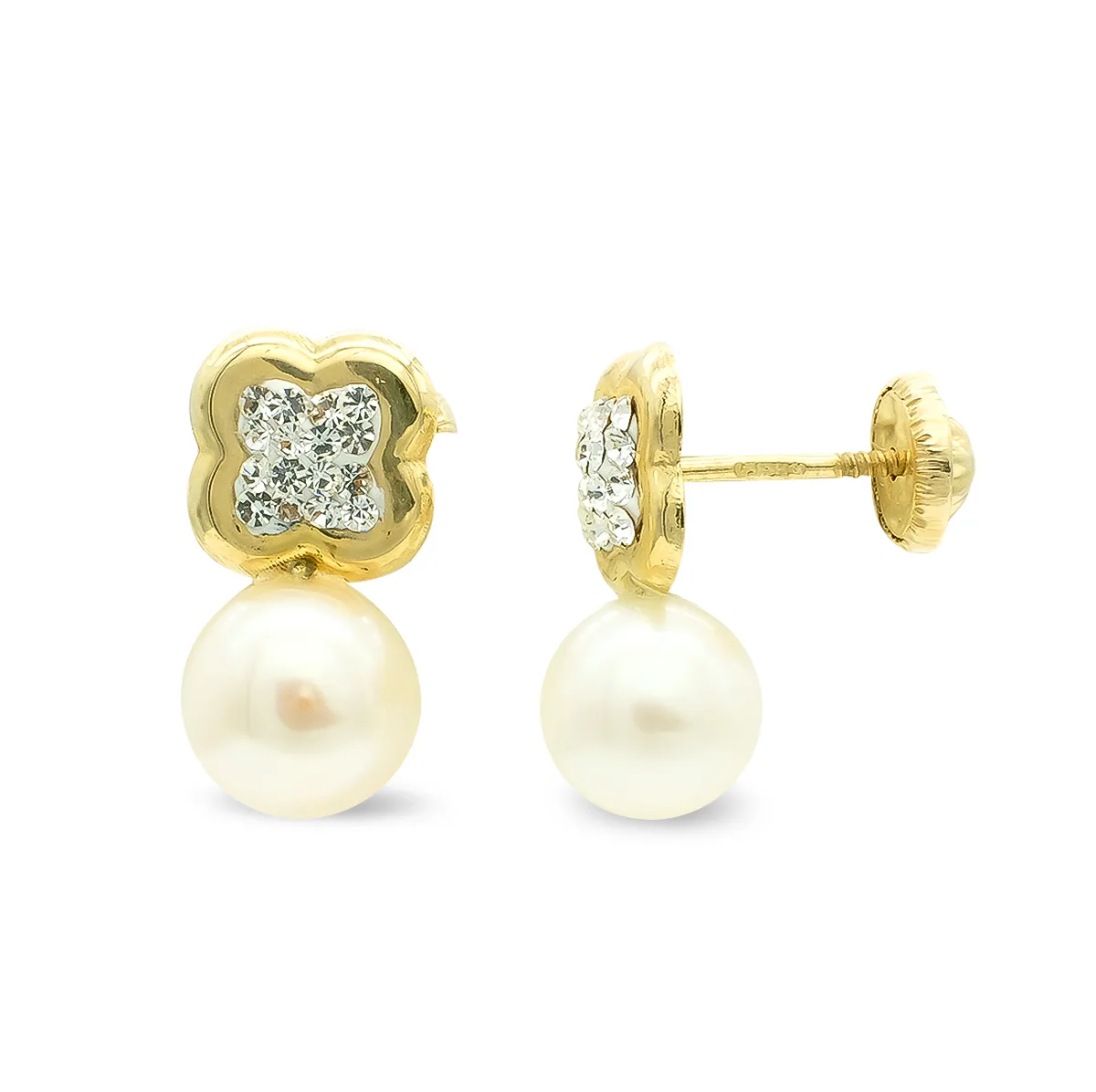 9K PENDIENTES ORO AMARILLO TU Y YO FLOR CON CIRCONITAS Y PERLA. 13X7 MM.CIERRE TUERCA