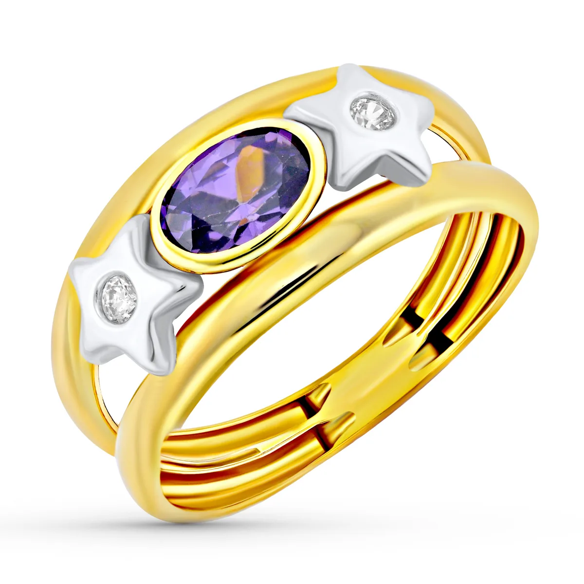 18K SORTIJA ORO BICOLOR DOBLE CUERPO CON ESTRELLAS Y CIRCONITA OVAL AMATISTA. ANCHO: 9 MM