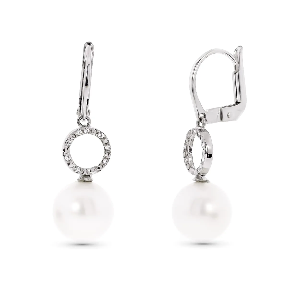 18K PENDIENTES ORO BLANCO MOTIVO REDONDO Y PERLA 9 MM CIERRE CATALAN