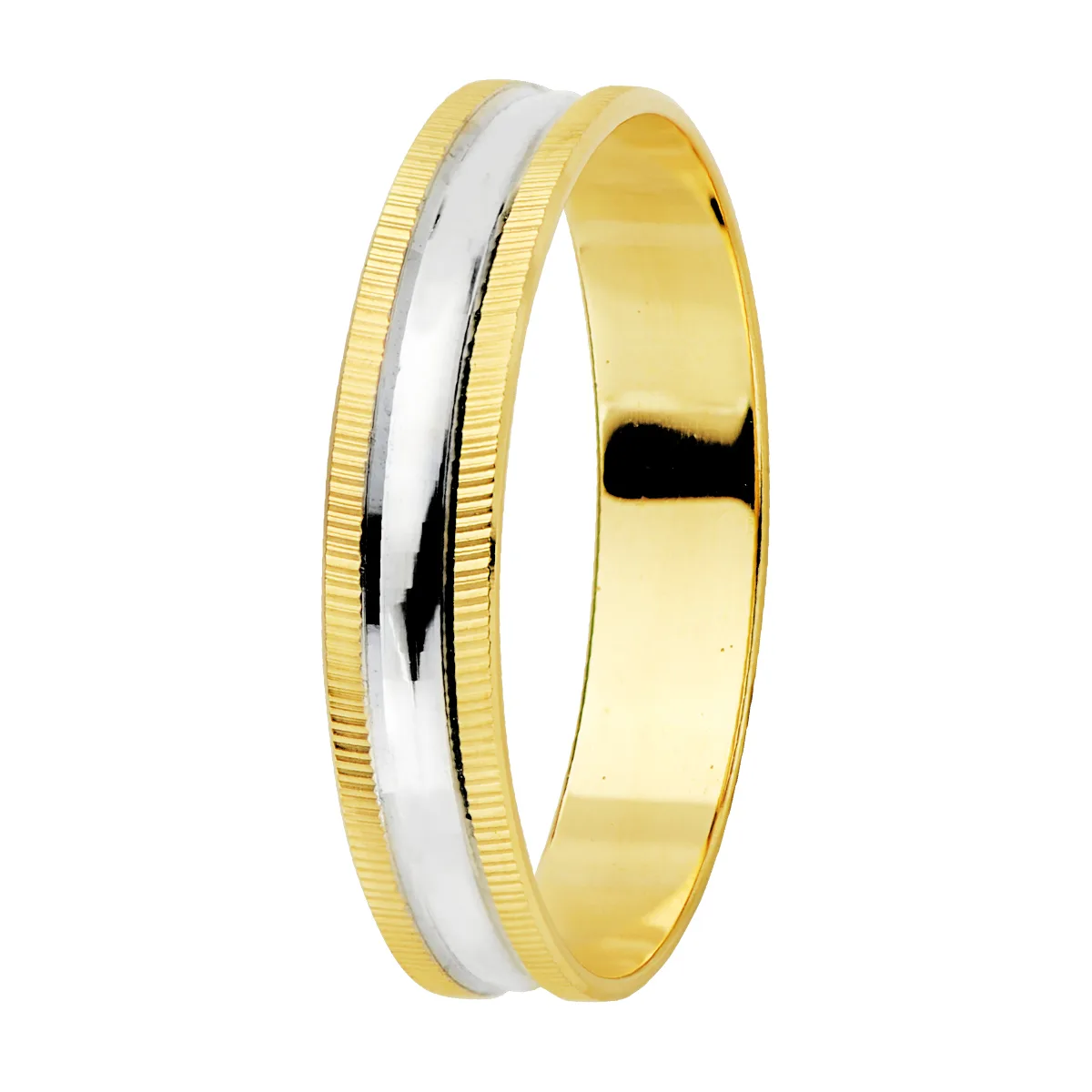 18K ALIANZA ORO BICOLOR BRILLO Y BORDES ESTRIADOS  ANCHO  4 MM   GROSOR 0.7 MM