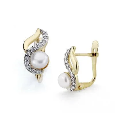 18K PENDIENTES BICOLOR PERLA 12X6 MM CIERRE CATALAN