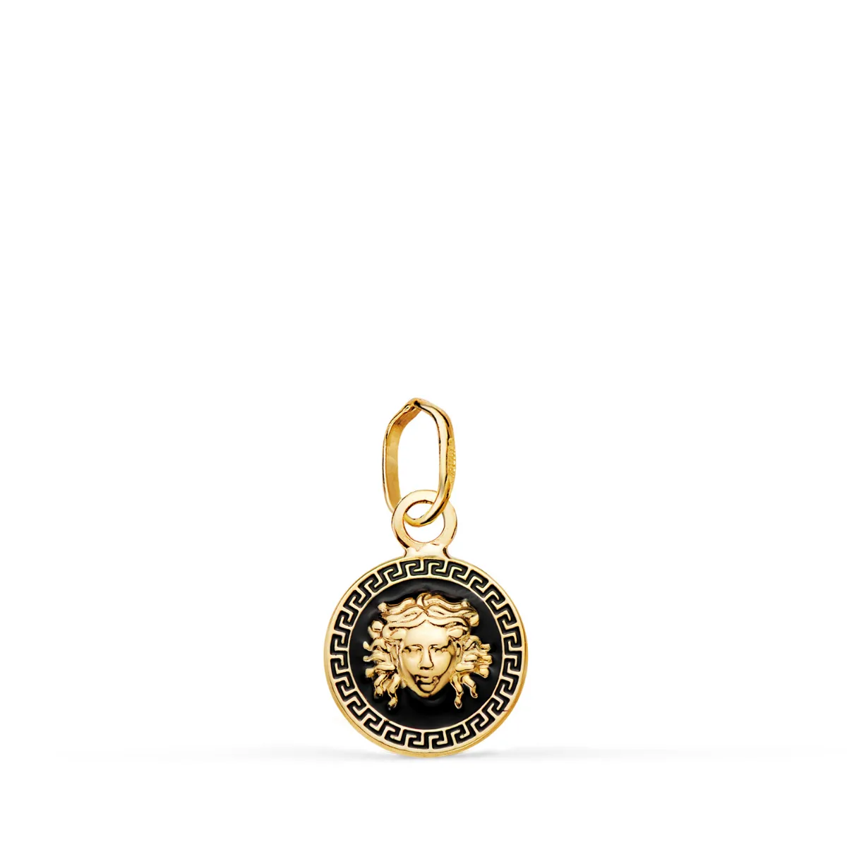 18K MEDALLA ORO AMARILLO MEDUSA GRECA CON ESMALTE NEGRO. 10 MM