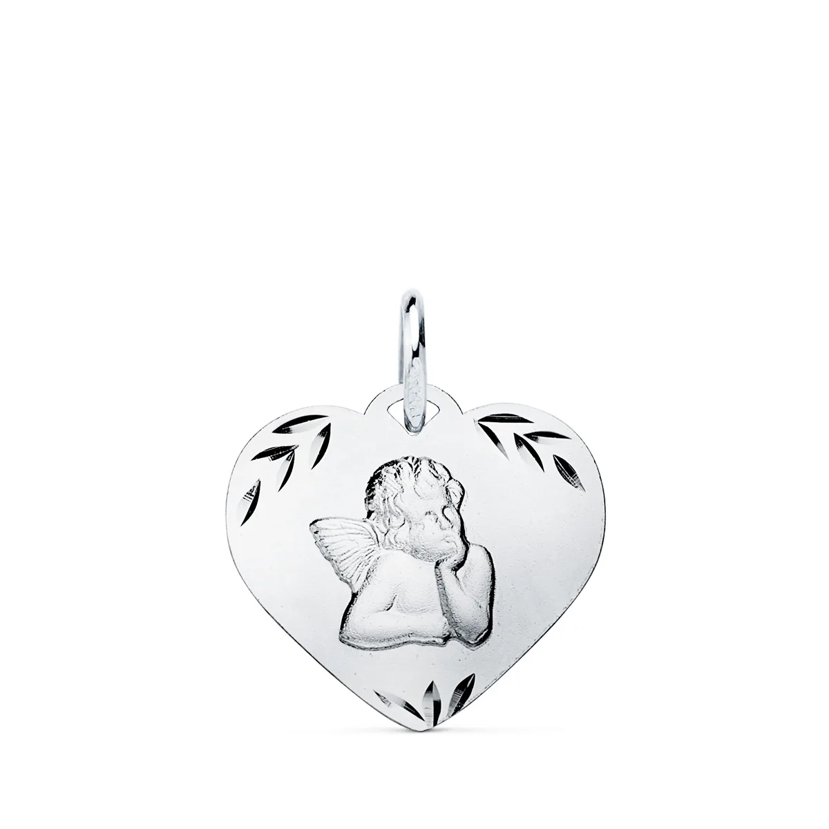 9K COLGANTE ORO BLANCO CORAZON CON ANGELITO TALLADO 16X14 MM