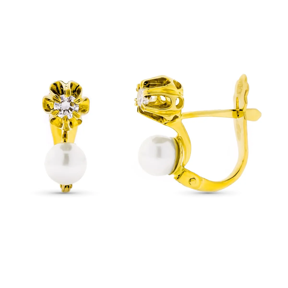 18K PENDIENTES ORO AMARILLO DIAMANTE CON PERLA Y GARRA CIERRE CATALAN