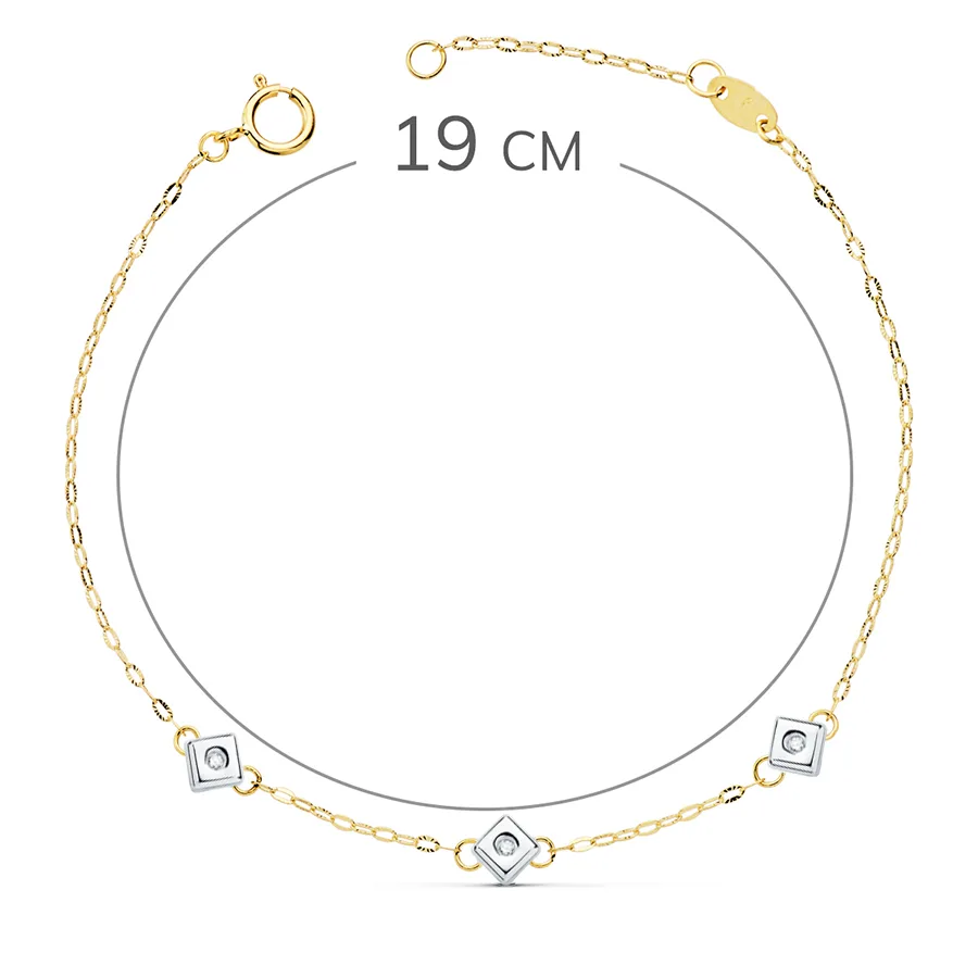 18K PULSERA ORO BICOLOR CHATON DE 3 ROMBOS CON DIAMANTES LABORATORIO  0,045 QTS. VS2-G. LARGO: 17CM — vista 3