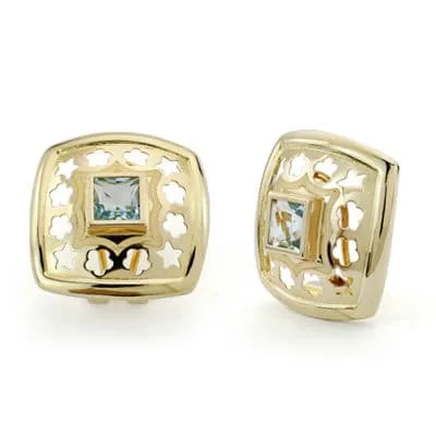 18K PENDIENTES ORO AMARILLO AGUA MARINA 5MM CALADO CIERRE OMEGA
