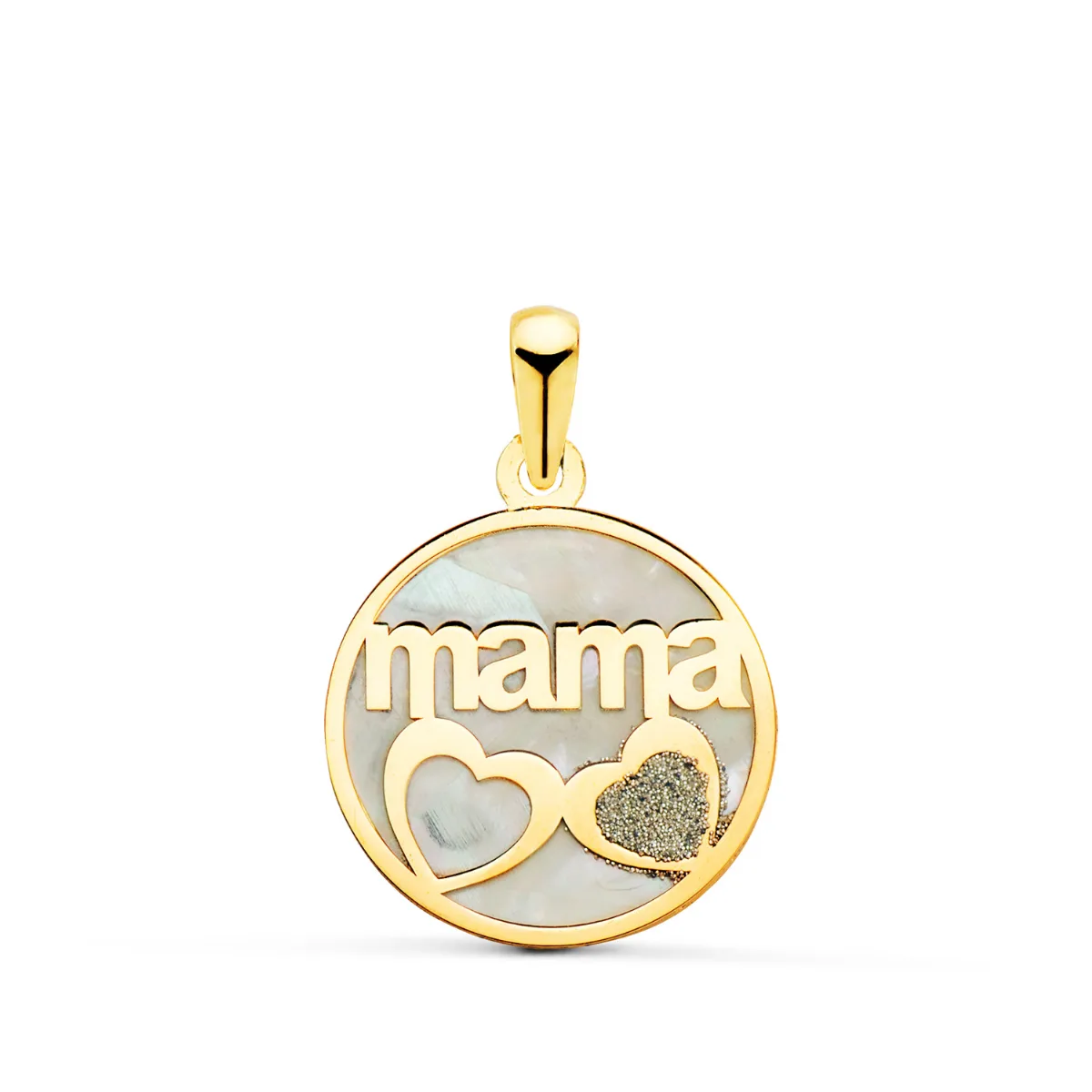 18K COLGANTE DE NACAR ORO AMARILLO  MAMA Y CORAZON CON POLVO DE DIAMANTE 16MM