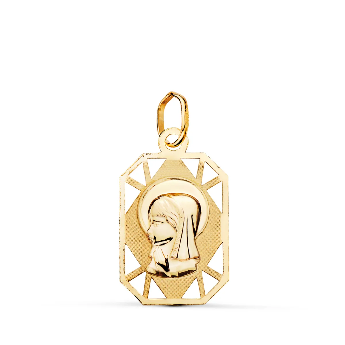 9K MEDALLA ORO AMARILLO VIRGEN NIÑA RECTANGULAR CALADA MATE Y BRILLO. MEDIDA: 19 X 12 MM