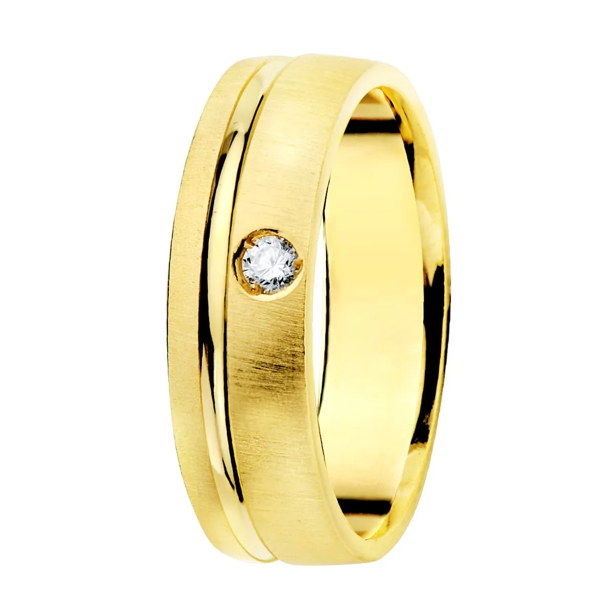 18K ALIANZA ORO AMARILLO MATIZADA Y FILO BRILLO DIAMANTE 0.045 QTS. ANCHO: 5,5MM GROSOR 1,7 MM