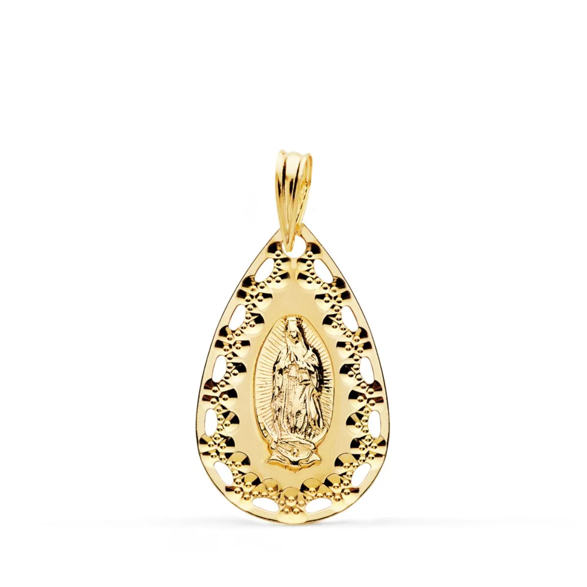 18K MEDALLA ORO AMARILLO VIRGEN DE GUADALUPE CERCO CALADO Y TALLADO 22X14 MM