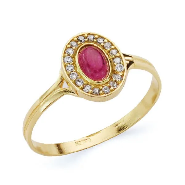 18K SORTIJA ORO AMARILLO OVAL CON CIRCONITAS Y PIEDRA ROJA. MEDIDA: 9X7 MM