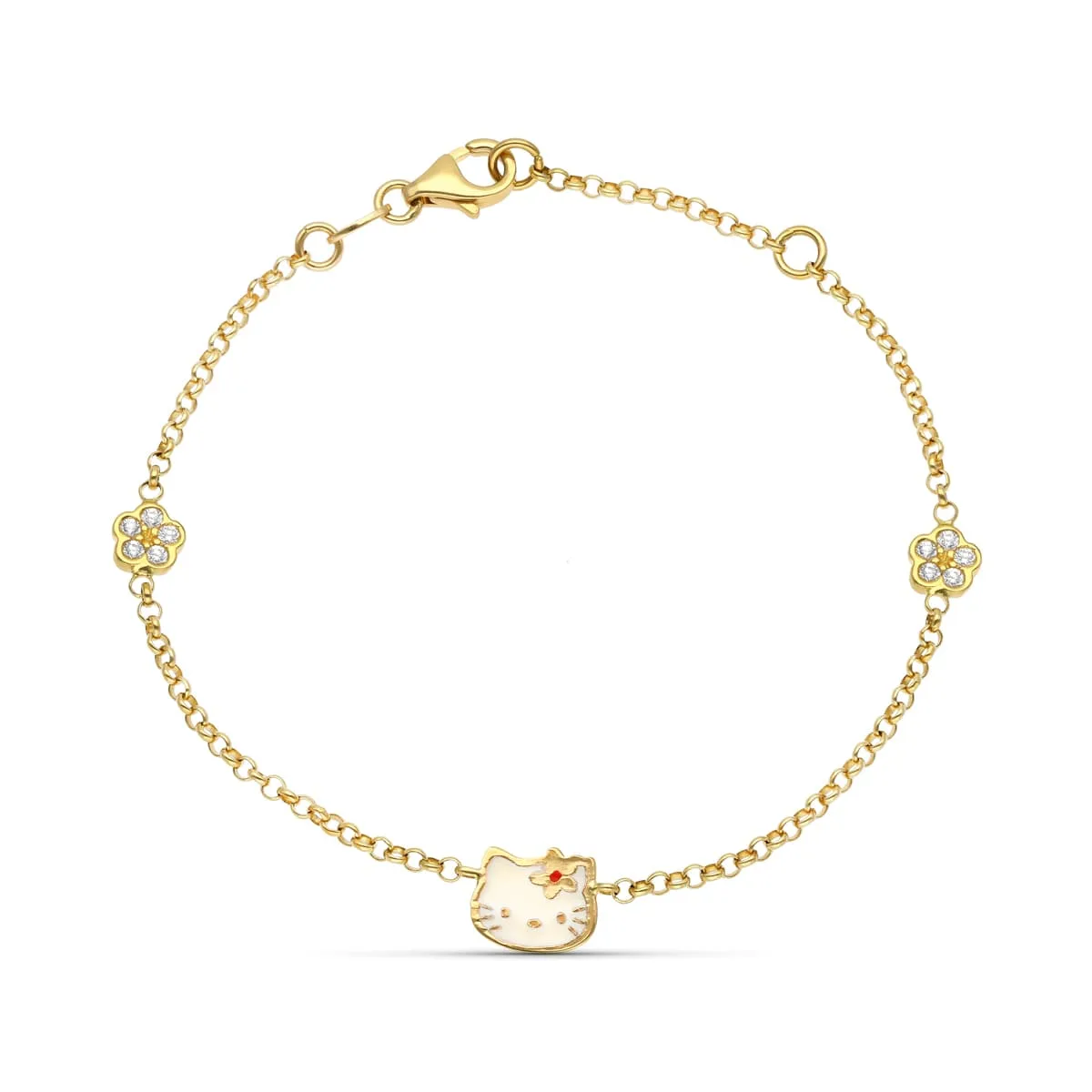 18K PULSERA ORO AMARILLO ESMALTE GATO Y FLOR CIRCONITA 18CM
