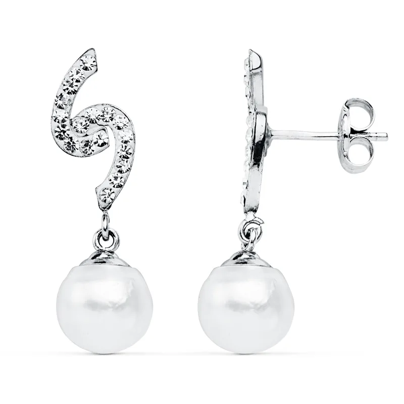 9K PENDIENTES ORO BLANCO PERLA 8 MM 24X6 MM CIERRE PRESION
