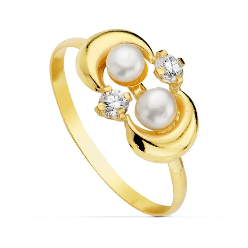 18K SORTIJA ORO AMARILLO MOTIVO CON DOS PERLAS Y CIRCONITAS. ANCHO: 7,5 MM