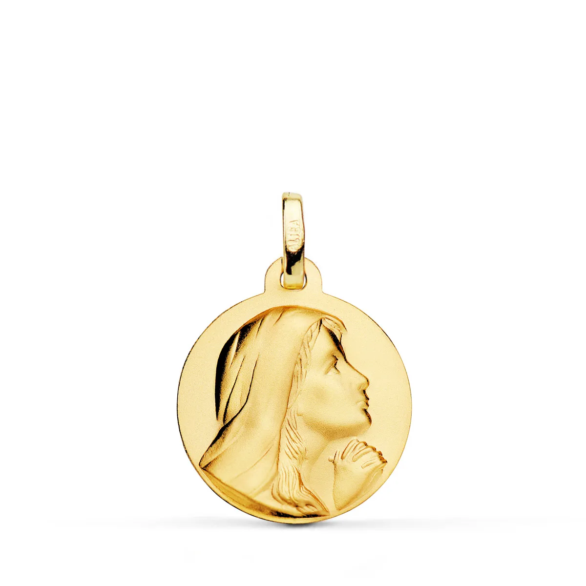 18K MEDALLA ORO AMARILLO VIRGEN MARIA REZANDO MATIZADA 18 MM