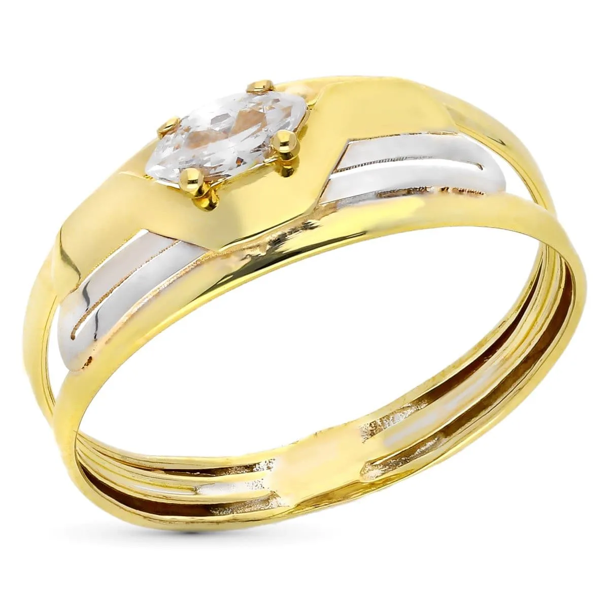 9K SORTIJA ORO BICOLOR CALADA CON CIRCONITA MARQUISE. ANCHO: 7 MM
