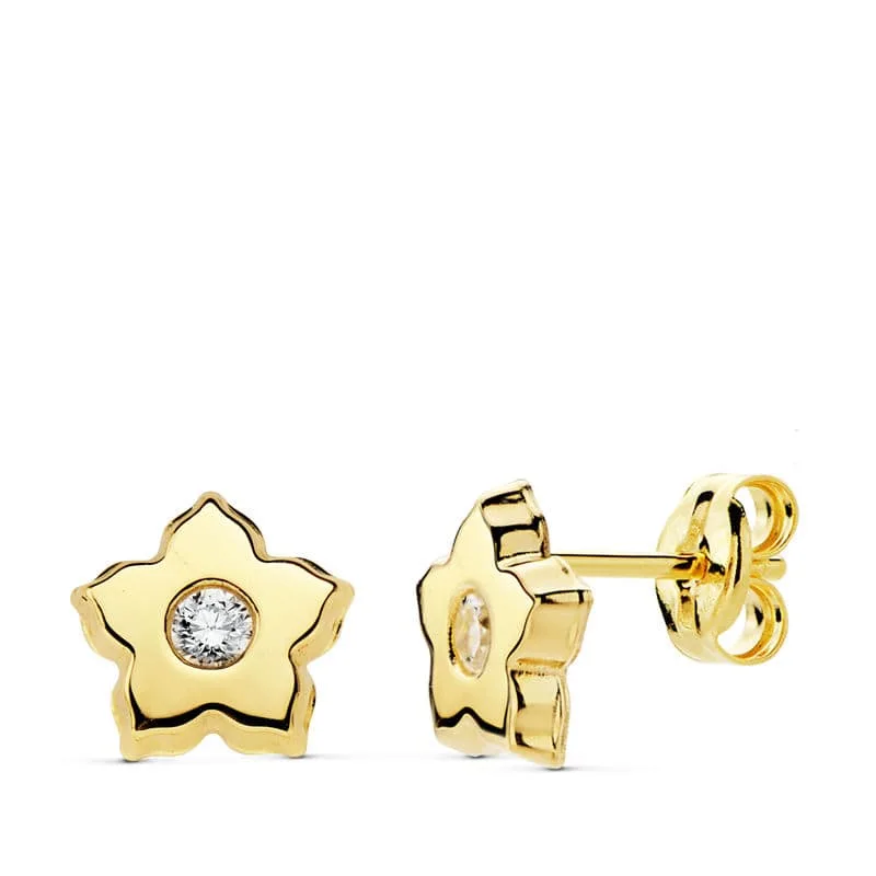 18K PENDIENTES ORO AMARILLO FLOR CIRCONITA 7 MM CIERRE PRESION