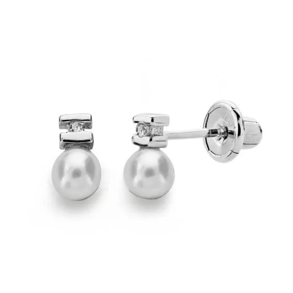 18K PENDIENTES ORO BLANCO PERLA 3 MM DIAMANTES NATURALES SI-H TALLA BRILLANTE 0,012 QTS. CIERRE TUERCA