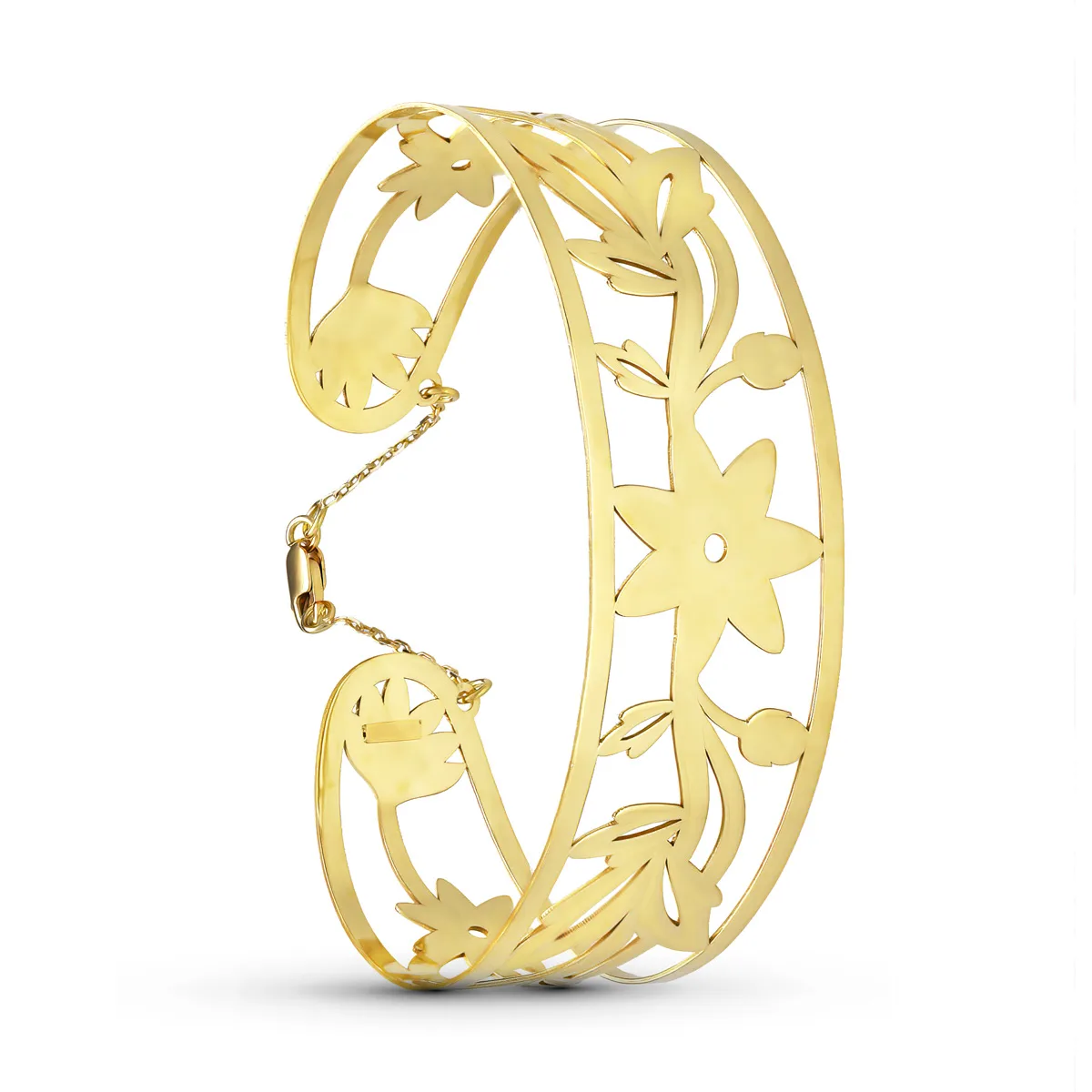18K PULSERA RIGIDA ORO AMARILLO FLORES MEDIDA INTERIOR 62X55 MM ANCHO TOTAL 22 MM CIERRE MOSQUETON CON CADENA