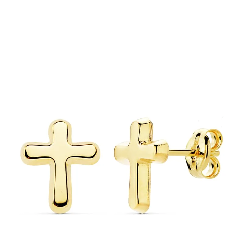 18K PENDIENTES ORO AMARILLO CRUZ LISA 9X8 MM CIERRE PRESION