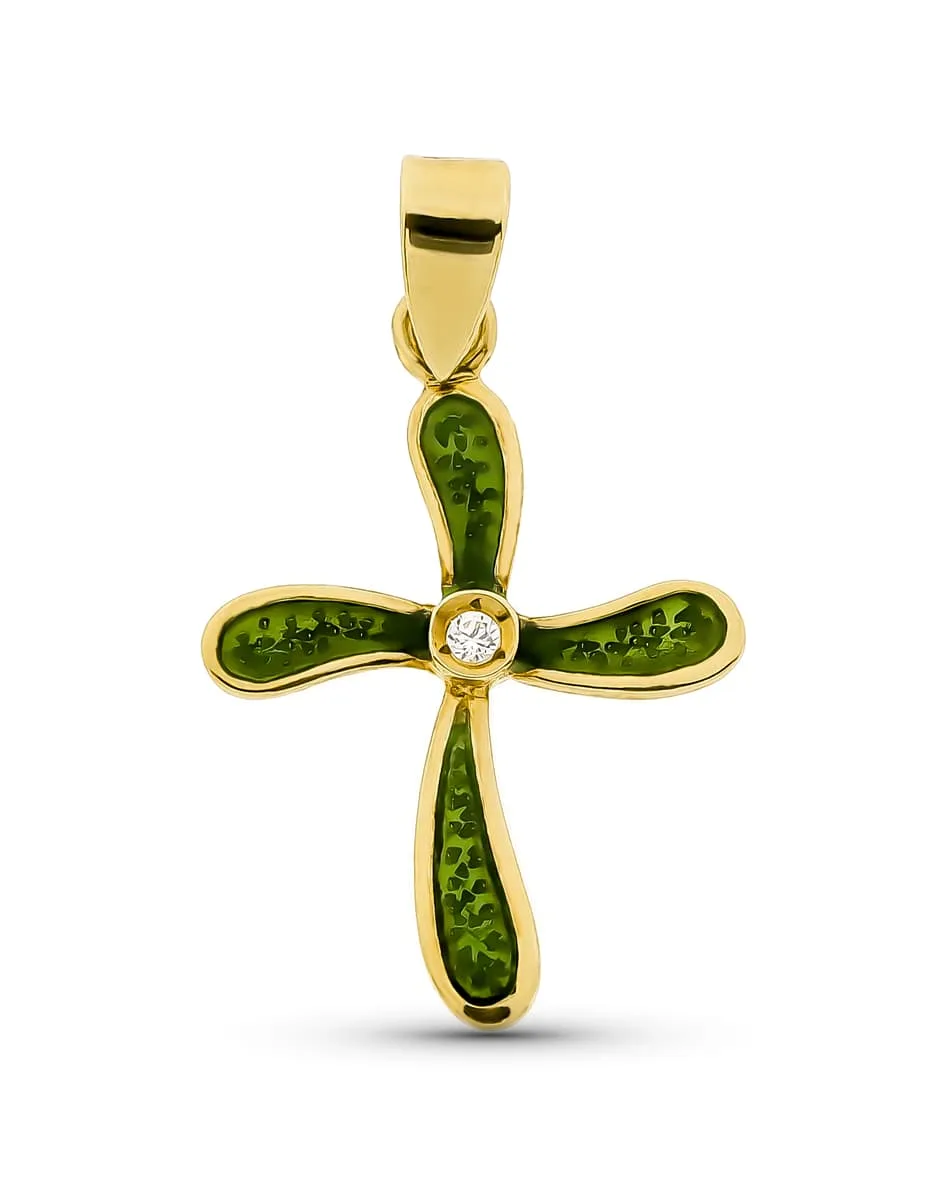 18K CRUZ ORO AMARILLO ESMALTADA CIRCONITA 21X15 MM