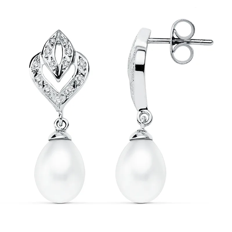 9K PENDIENTES ORO BLANCO PERLA 28X10 MM CIERRE PRESION