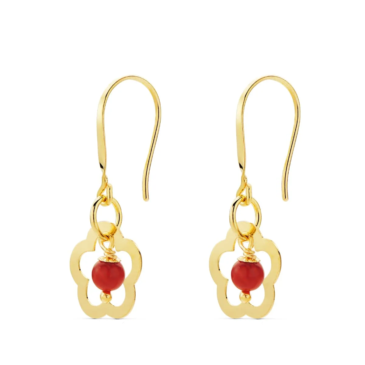 18K PENDIENTES ORO AMARILLO FLOR CON CORAL. MEDIDA: 28 X 12 MM. CIERRE GANCHO