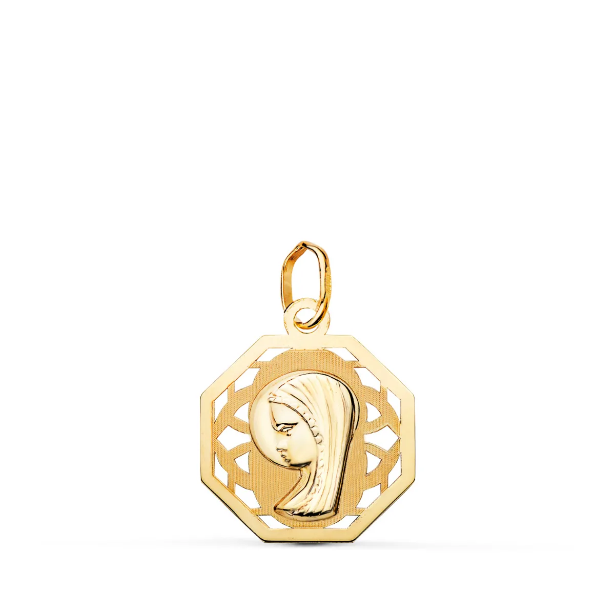 18K MEDALLA ORO AMARILLO VIRGEN NIÑA OCTOGONAL CALADA MATE Y BRILLO. MEDIDA: 17 X 15 MM