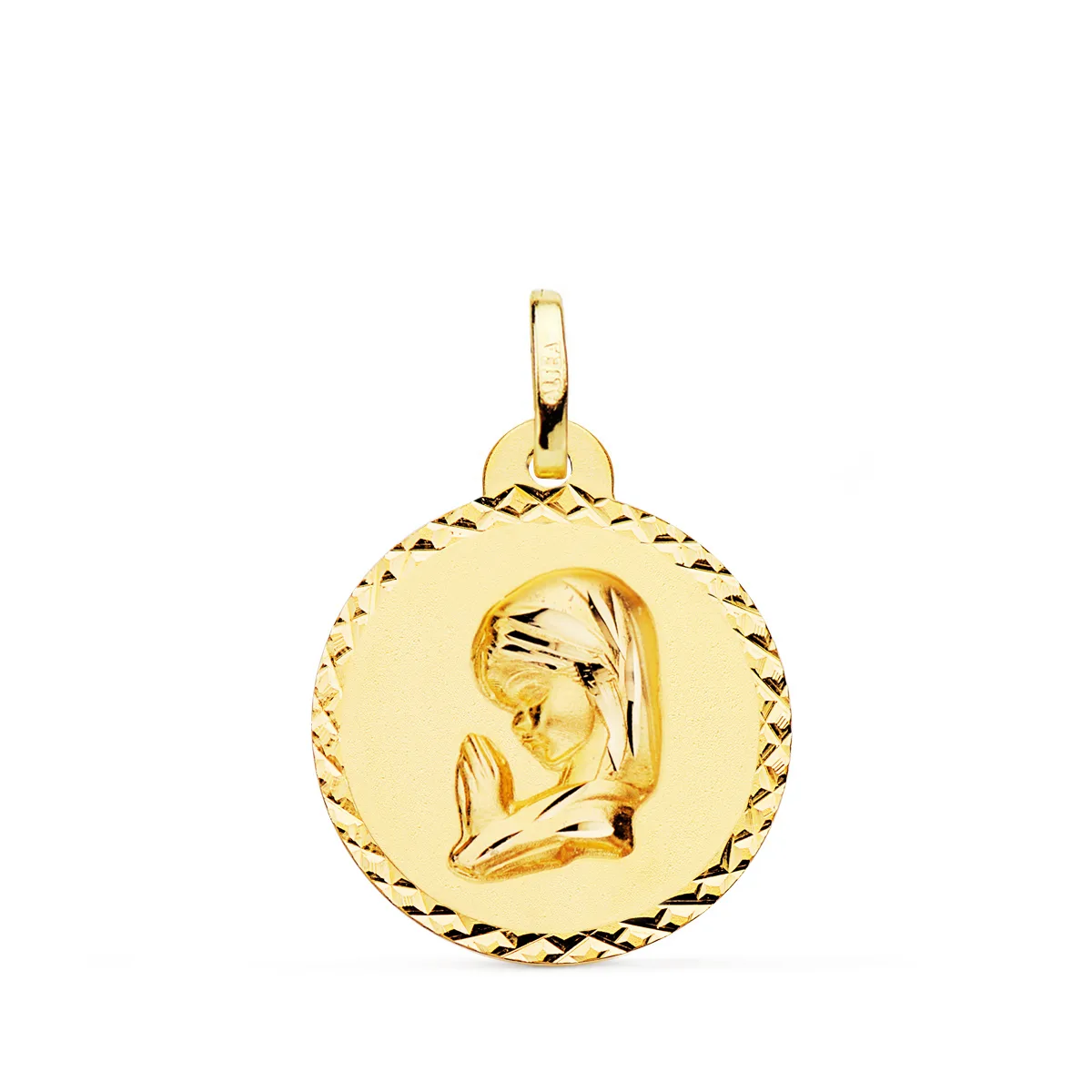 18K MEDALLA ORO AMARILLO VIRGEN NIÑA TALLA CRUZADA 20 MM