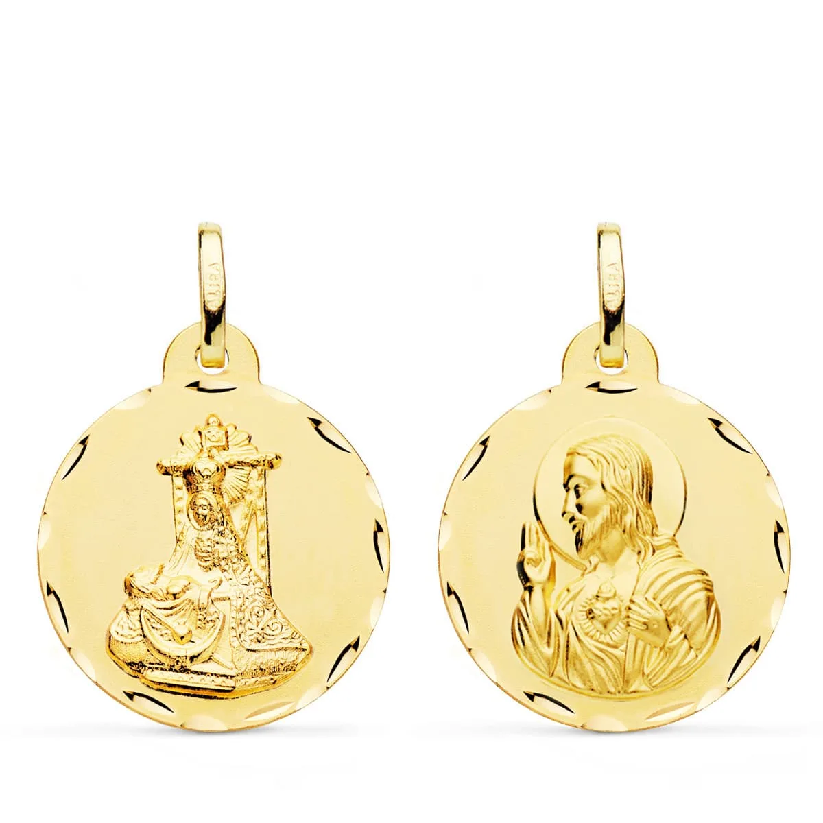 18K MEDALLA ORO AMARILLO ESCAPULARIO ORO AMARILLO VIRGEN DE LAS ANGUSTIAS Y CORAZON DE JESUS TALLADA 22 MM