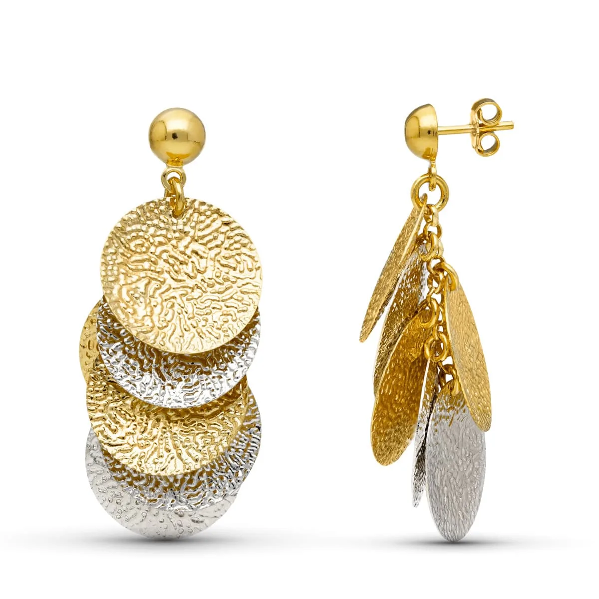 18K PENDIENTES ORO BICOLOR CIRCULOS LABRADOS CIERRE PRESION