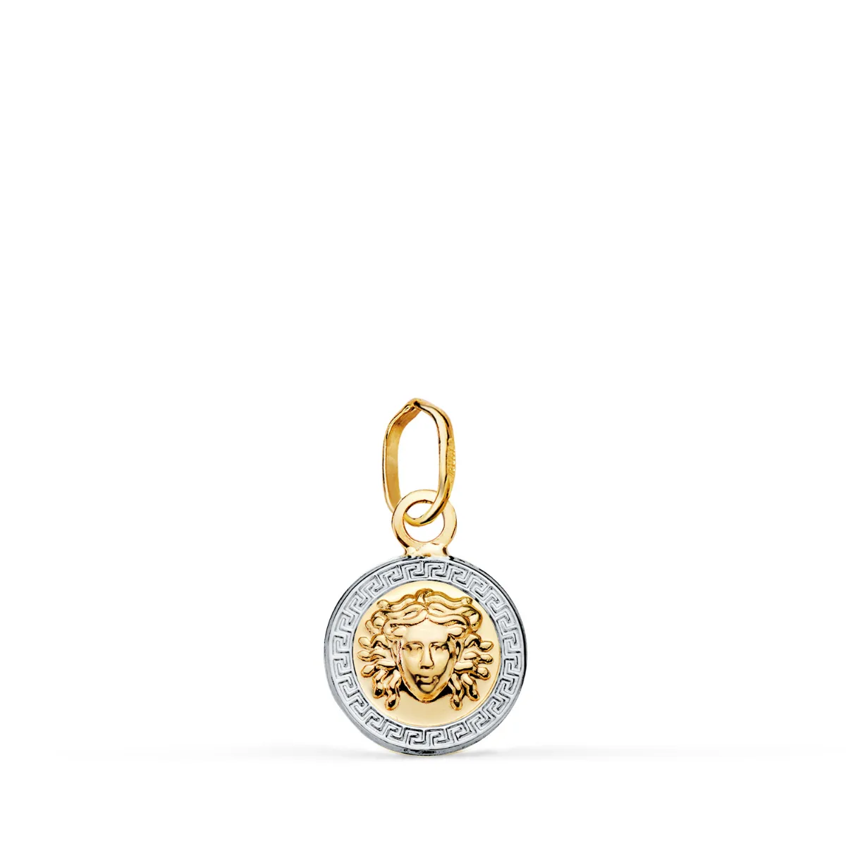 18K MEDALLA ORO BICOLOR MEDUSA GRECA EN BRILLO. MEDIDA: 10 MM