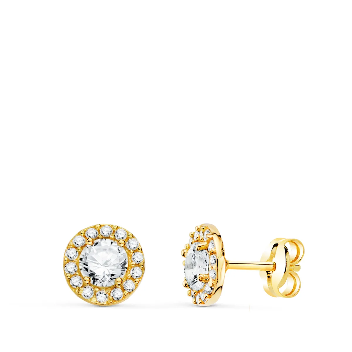 18K PENDIENTES ORO AMARILLO REDONDOS CON CIRCONITA BLANCAS. ANCHO: 6,5 MM. CIERRE PRESION